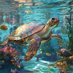 Fototapeta premium Majestic Green Sea Turtle Swimming in Vibrant Coral Reef Underwater Seascape