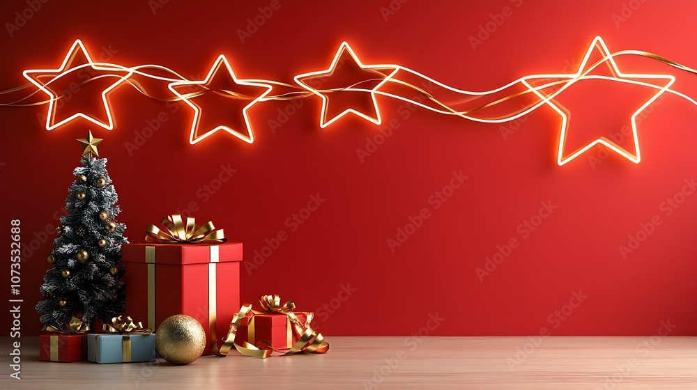 Aufkleber Radiant geometric background with star shaped glowing lines over a rich red stage adorned with golden ribbons perfect for themes events and performances