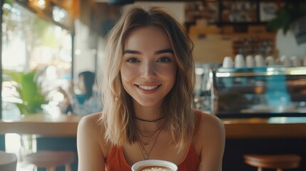 a woman scrolling TikTok in a coffee shop with a smiling expression, AI Generative