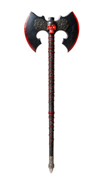 A black and red axe with a red gem on its handle stands upright against a gray background, showcasing its intricate design and craftsmanship