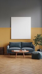 Modern Living Room: A stylish teal sofa, wooden coffee table, and potted plant against a two-tone wall, perfect for home decor inspiration.