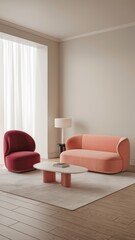 Modern Living Room with Stylish Furniture: A cozy peach sofa and red chair beside a sleek table in a minimalist interior.