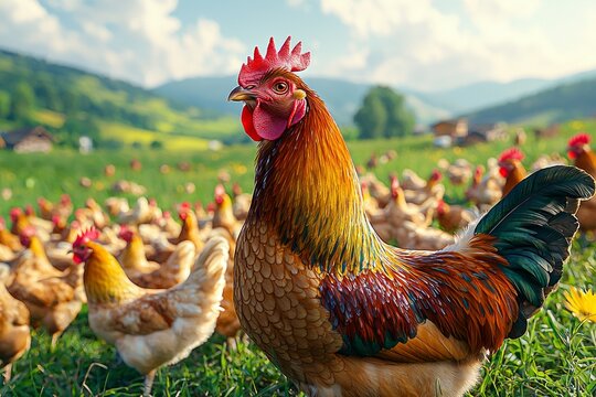 rooster crows head held high displaying vibrant plumage while watching hens feed open yard morning sun creating lively rural atmosphere.