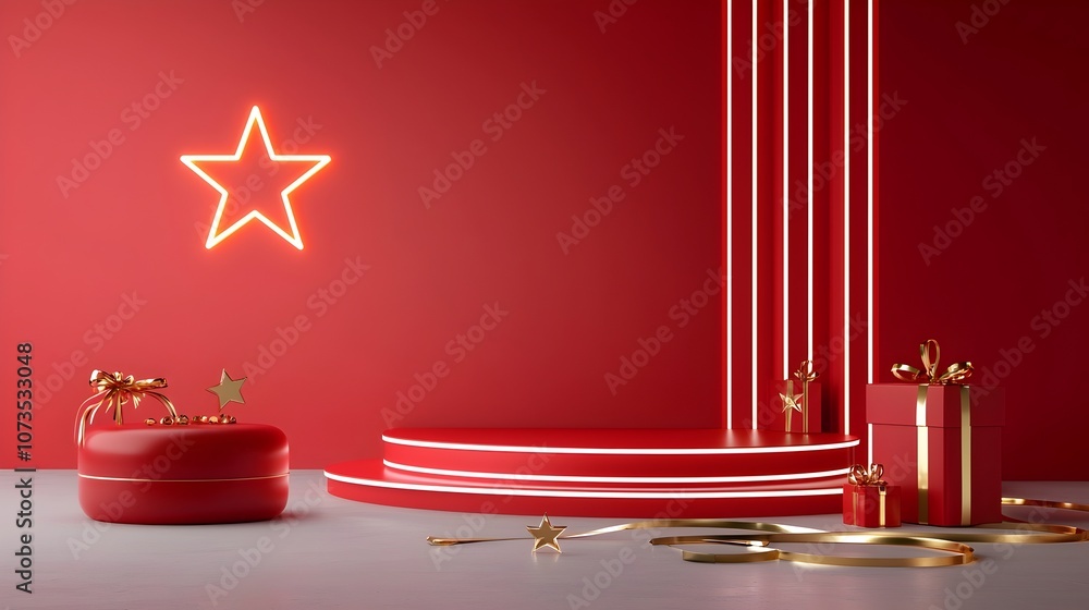 Poster glamorous red stage with a glowing star and radiant lines accented by shimmering gold ribbons that a