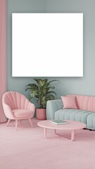 Modern Living Room: Soft pastel colors with a minimalist design featuring a plant, cozy furniture, and a blank canvas for art display.