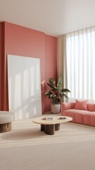 Modern Living Room: Soft pink hues, minimalistic furniture, large window, and a potted plant creating a cozy atmosphere for relaxation.