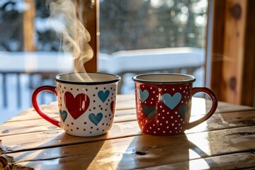 Fototapeta premium A pair of matching mugs with heart designs sit on a wooden table near a frosty window, steam rising to create a warm, intimate feel. AI generative