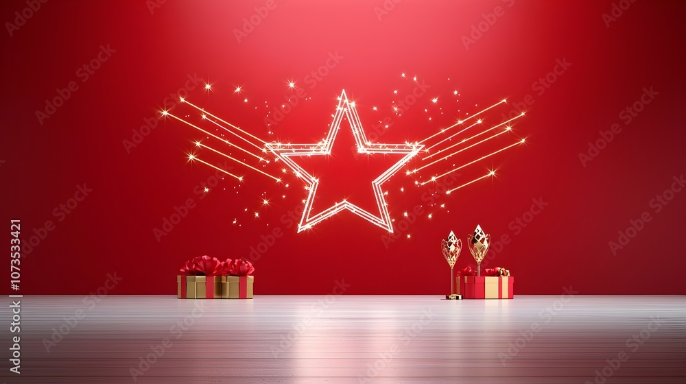 Aufkleber radiant star formed by glowing lines above a red and gold stage creating a stunning and elegant back