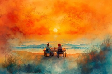 Fototapeta premium A watercolor illustration of a couple enjoying a romantic dinner by the beach at sunset, with vivid orange skies reflecting on the ocean waves, surrounded by gentle dunes and grasses