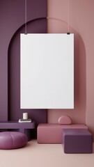 Modern minimalist interior with abstract shapes, soft colors, and a blank canvas ideal for artistic presentations.