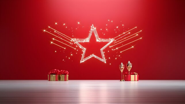 Radiant star formed by glowing lines above a red and gold stage creating a stunning and elegant backdrop perfect for festive and award ceremony visuals and
