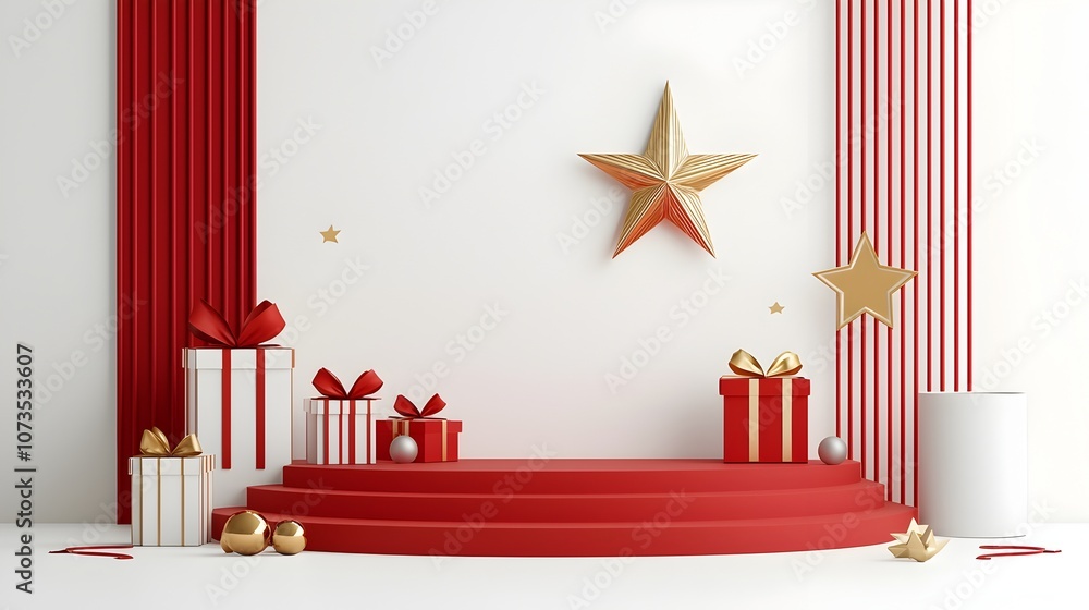 Leinwandbilder elegant red stage backdrop with a glowing golden star at the center surrounded by radiant lines and 