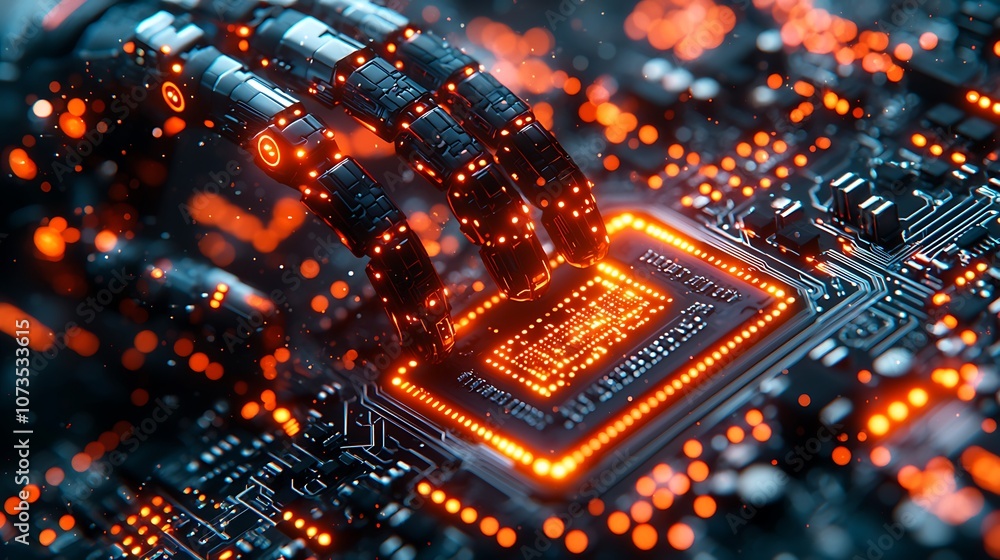 Poster a robotic hand reaches towards a glowing cpu chip on a circuit board.