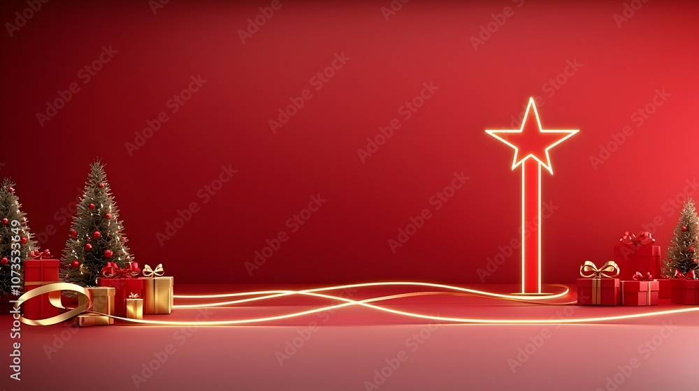 Aufkleber luxurious red stage with glowing golden ribbons and a radiant shining star creating a festive and gl