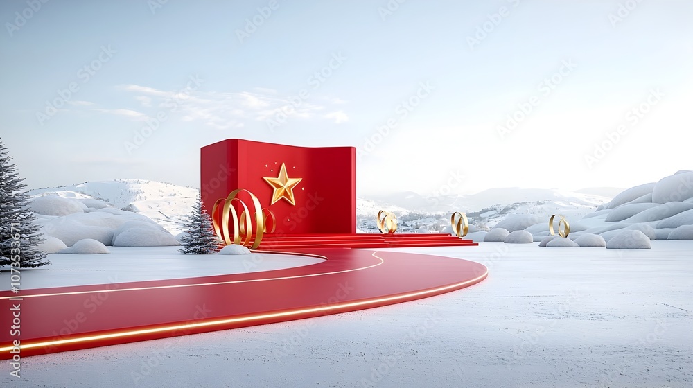 Poster a lavish red carpeted stage adorned with golden ribbons and a radiant luminous star creating a capti