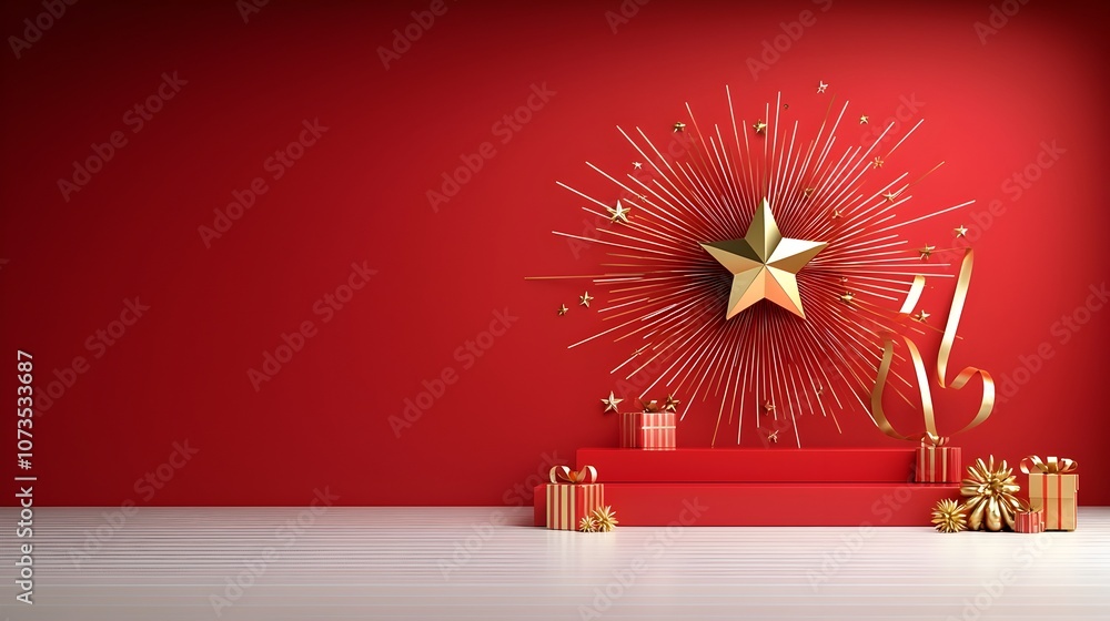 Aufkleber elegant background with a red stage and golden star accented by radiant lines and ribbons creating a