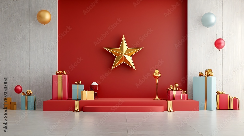 Poster radiant golden star shaped lines hovering above a luxurious red stage with ribbon accents creating a