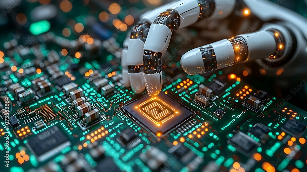 Poster a robotic hand reaches down to touch a glowing cpu chip on a circuit board.
