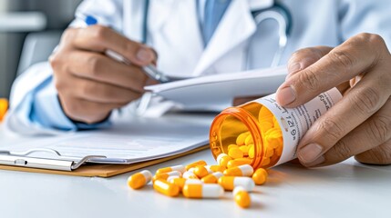 A healthcare professional examines prescription medication, with pills spilled from a bottle on a desk, This image can be used for articles on pharmaceuticals, healthcare practices