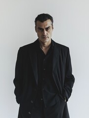 Obraz premium Man in a black suit and jacket stands in front of a white wall