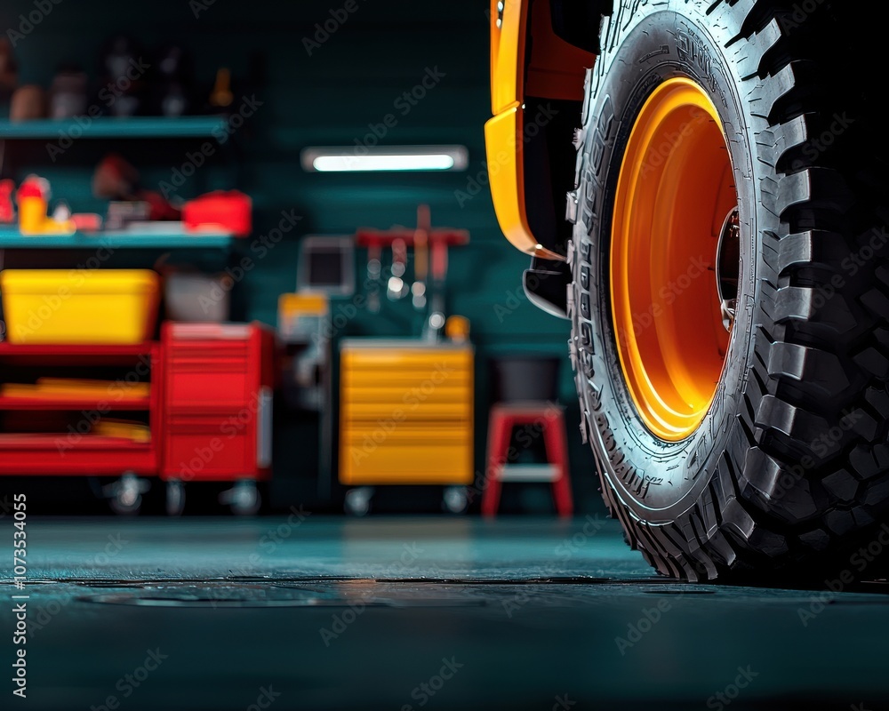 Poster a close-up view of a yellow tire in a workshop, highlighting the tread pattern against a colorful ba