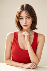 A woman in a red tank top is posing for a photo