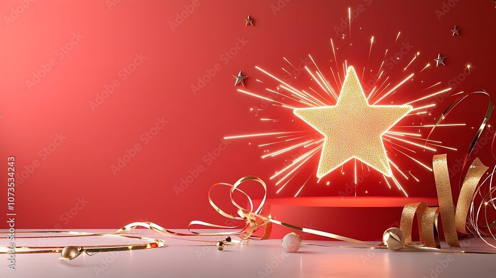 Poster Glamorous backdrop with a glowing star hovering over a vibrant red stage adorned with shimmering gold ribbons and radiant light lines creating a mesmerizing dramatic