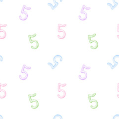 Obraz premium number five. Watercolor seamless pattern on white background in pastel colors for textile and wrapping paper. Cute children's illustration back to school