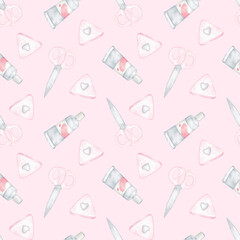 Obraz premium scissors, erasers, paints in tubes. Watercolor seamless pattern on pink background in pastel colors for textiles and wrapping paper. Cute children's illustration back to school