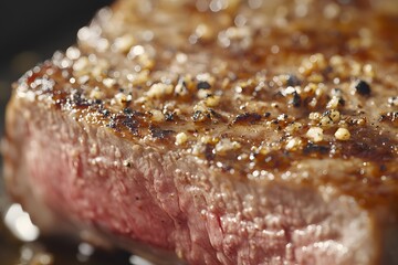 Close-up of a perfectly seared steak with black peppercorns.