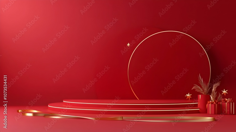 Poster Luxurious red stage with radiant star lines and golden ribbons designed as an elegant background  Featuring a lavish ornate and grandiose stage setting with a captivating sparkling