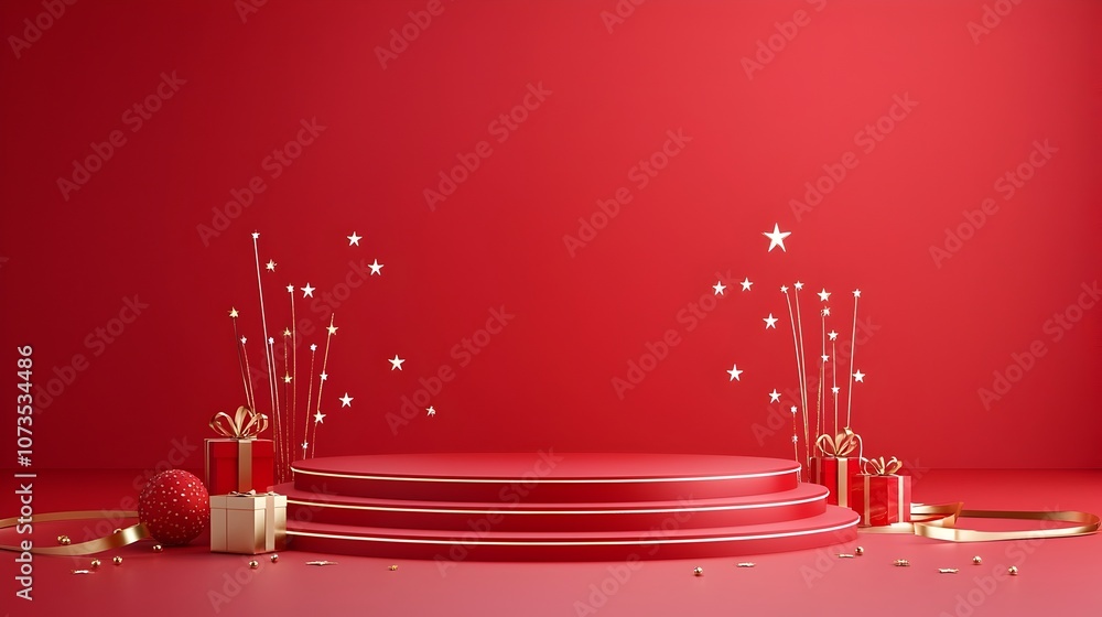 Aufkleber luxurious radiant red stage with sparkling star lines and golden ribbons designed as an elegant and 