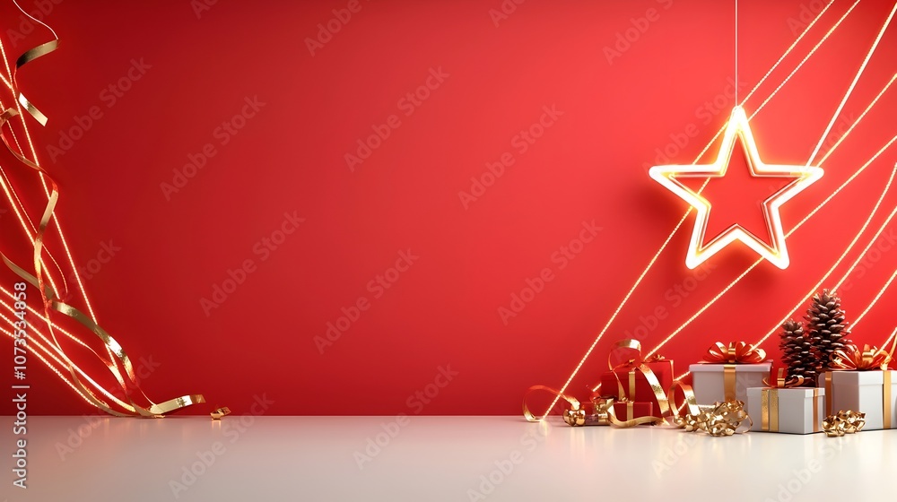 Aufkleber Luxurious background with a radiant star and red stage decorated with shimmering gold ribbons and glowing lines creating an elegant and captivating atmosphere for events and