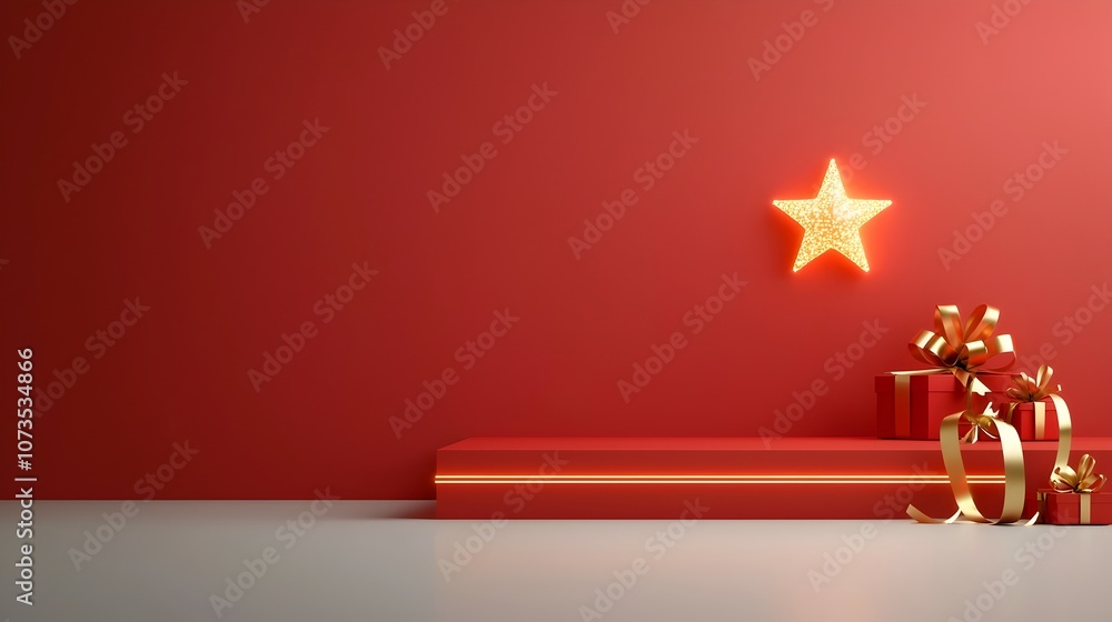 Poster elegant red stage with a glowing star and golden ribbon enhanced by radiant lines for a captivating 