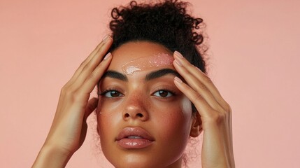 Fototapeta premium A woman with dark hair and brown eyes is applying makeup