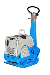 Compact vibratory plate paving machine ready for construction work on urban pathways and driveways, isolated on white background.
