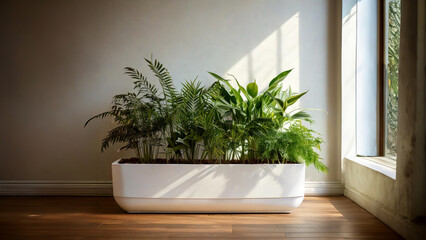 macetero blanco con plantas en un espacio minimalista de colores blancos