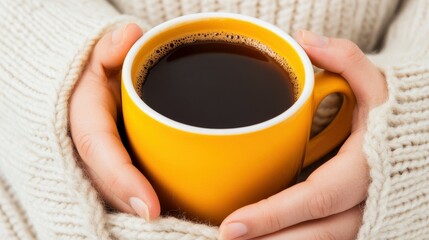 A person is holding a yellow coffee cup with a white handle