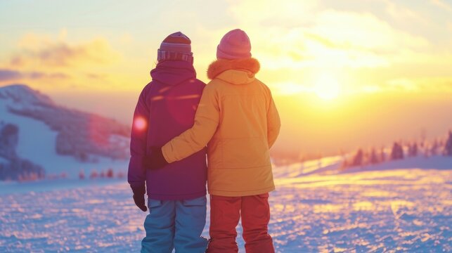 Two skiers embrace at sunset