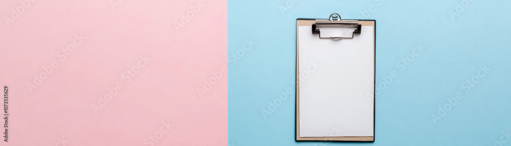Poster a simple clipboard on a blue background, contrasting with a soft pink side, creating a minimalistic 