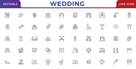 Wedding icons set.  Love beauty celebration wedding couple bride marriage flat icon pack. UI flat icons collection