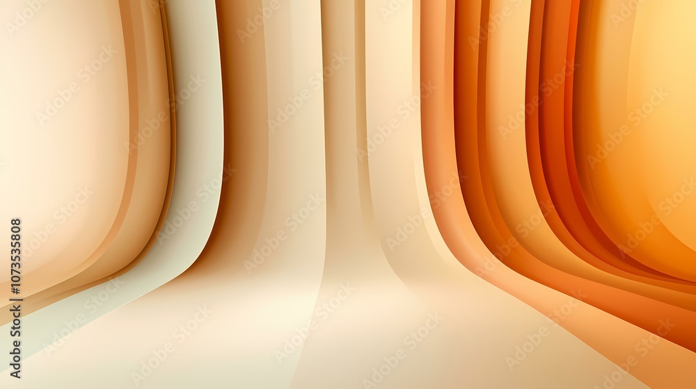 Poster an abstract image of curved lines and shapes in shades of orange and beige.