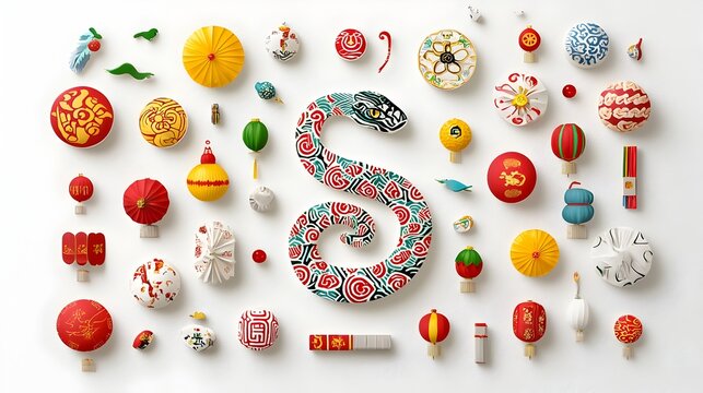 Colorful and Festive Chinese New Year Poster Design Featuring the Snake Zodiac Icon Decorated with Classic Asian Inspired Motifs and Patterns for a Celebratory Holiday Feel