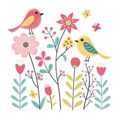 Fototapeta premium little birds and variant flowers cute pattern illustration