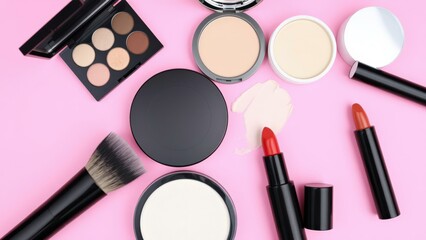 Vibrant Pink Background with Essential Makeup Products Including Brushes, Palettes, Lipsticks, and Compacts for Professional and Everyday Use