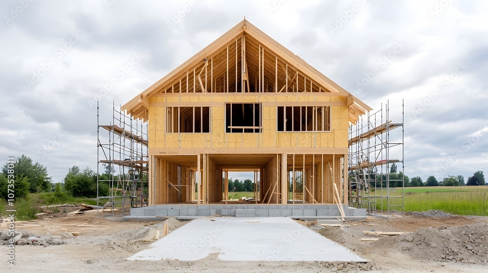 Poster wooden house under construction surrounded by scaffolding with a partially built roof and visible wo