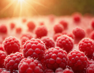 Raspberry, fruit, macro, portrait. Raspberry with water drops in backlight of sun.