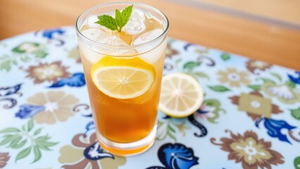 Fototapeta premium Refreshing Lemon Iced Tea on a Floral Tablecloth, Perfect for Summer Afternoons, Relaxation, and Enjoyment