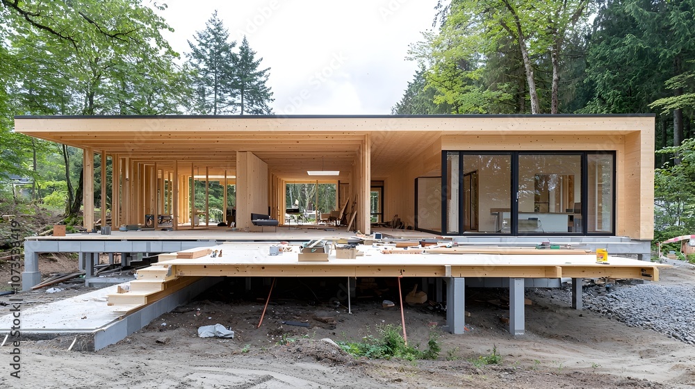 Poster partially constructed wooden house with exposed structural framework surrounded by lush forest envir