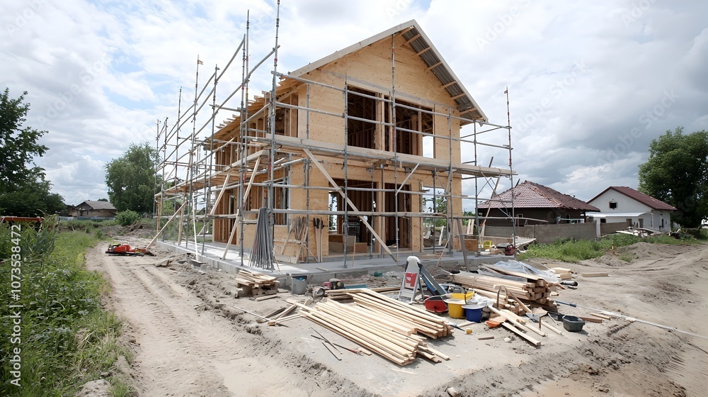 Poster unfinished wooden house structure with scaffolding stands in a rural setting various construction to